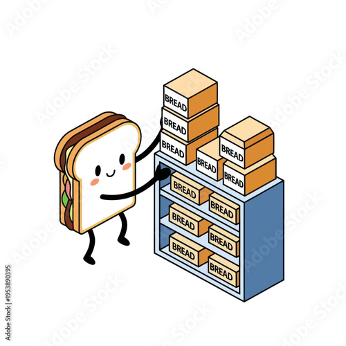 Sandwich Character Stocking Up on Bread from Shelf.