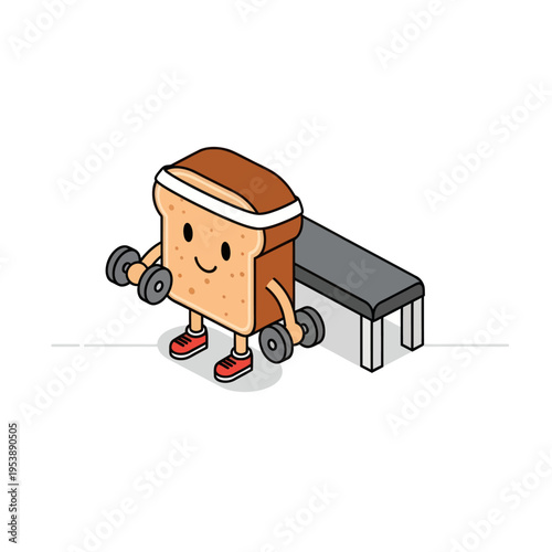 Cartoon Toast Character Exercising with Dumbbells Near a Bench.