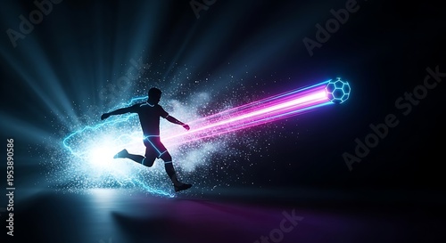 A soccer player strikes a ball with intense neon energy.