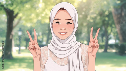 happy young muslim woman in a park anime style illustration 