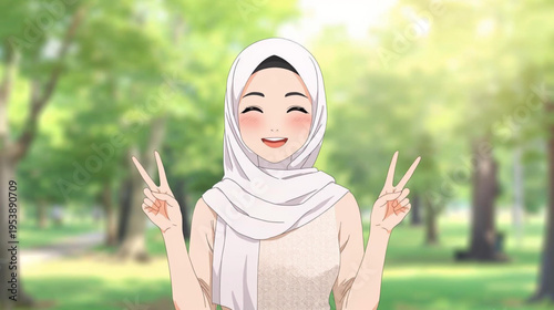 happy young muslim woman in a park anime style illustration 
