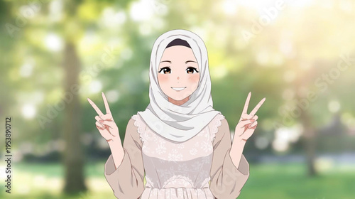 happy young muslim woman in a park anime style illustration 