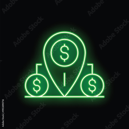 Bright green neon sign in the shape of a location pin is showing three dollar symbols, hinting at the concept of finding the best financial deals