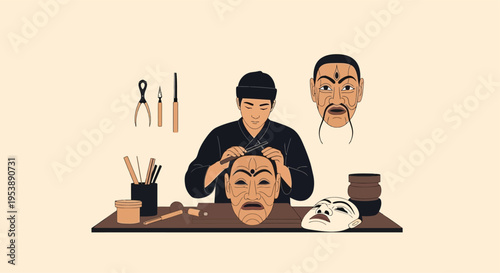 Artist crafting traditional mask with focused attention and tools.