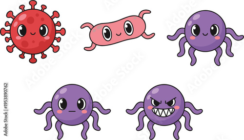 Cute cartoon virus characters set colorful bacteria microbes smiling and angry germs icons biology science vector illustration isolated on white background