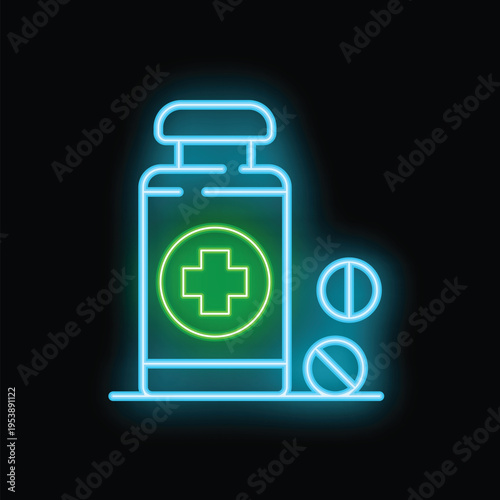 Glowing neon line medicine bottle and pills icon isolated on black background. Container with pills. Vector illustration