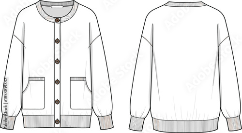 Women cardigan sweater technical drawing front and back view knitwear buttoned pockets casual fashion vector apparel design template