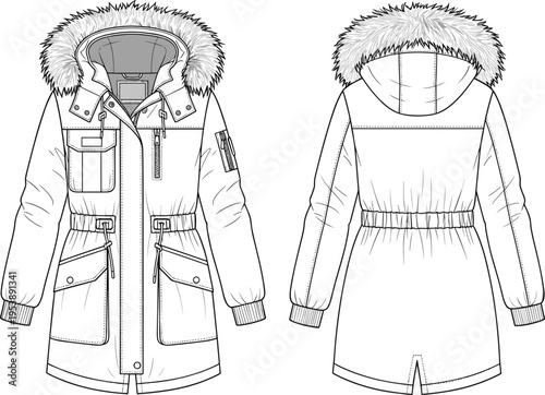 Winter parka jacket with fur hood front and back view apparel mockup vector illustration black and white design
