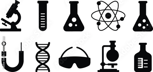 Set of black and white science and chemistry icons: microscope, test tubes, flasks, atom model, U-magnet, DNA helix, goggles, beaker. Vector graphics for research and education