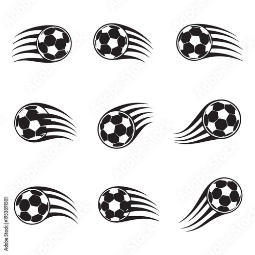set of soccer balls with motion lines isolated on transparent background