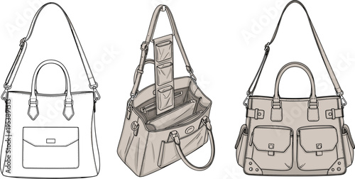 Women handbag collection fashion accessory set shoulder bag tote purse vector illustration black and white line art design isolated