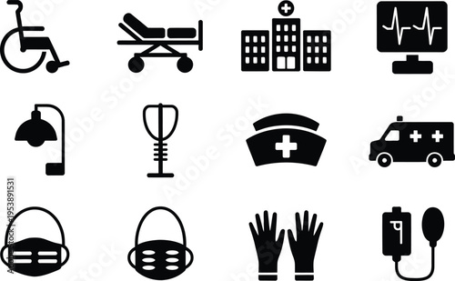 Hospital and medical facility icons: wheelchair, gurney, hospital building, monitor, lamp, face mask, ambulance, gloves, IV bag, medical cap, Iv Bag
