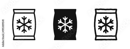 Frozen Food Package Icon Set, Snowflake Symbol on Bag in Outline, Solid and Hand-Drawn Styles for Groceries