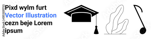 Education, creativity, music, graphic design, learning, minimalism. Black graduation cap, abstract plant and music note symbols in a modern style. Education and creativity concepts