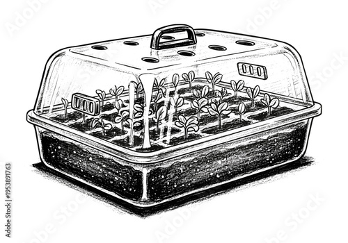 Seedling tray with clear dome and humidity vents showing young plants growing in soil