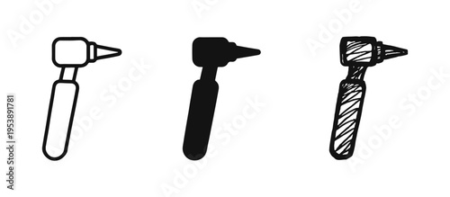 Otoscope Icon Set, Ear Examination Tool Symbol in Outline, Solid and Hand-Drawn Styles for Medical Professionals
