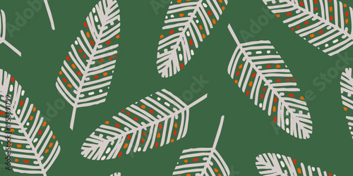 Hand-Drawn Stylized Feather Seamless Pattern on Green Background