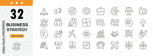 Business strategy icons set representing planning, goals, leadership, analysis, growth, decision making and corporate direction. Editable Stroke.