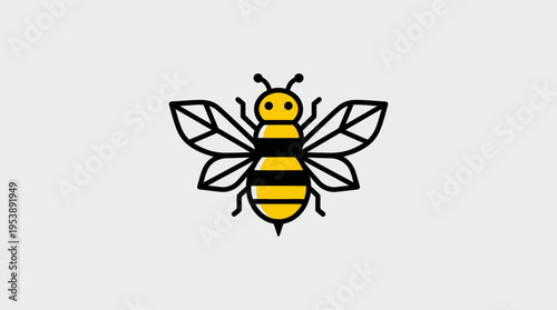Stylized honeybee illustration with wide spread wings and yellow and black stripes in a bright studio.
