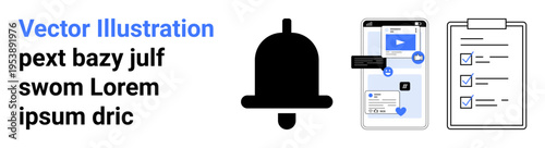 Communication alerts, app notifications, task completion, reminder systems, organization tools, productivity apps. Bell icon, mobile UI and checklist design. Communication alerts and app