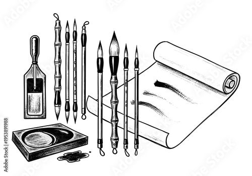 Traditional Chinese calligraphy tools including brushes, ink stone, and scroll paper
