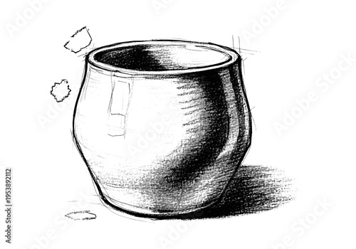Hand-drawn sketch of a rustic clay pot with charcoal shading and loose lines