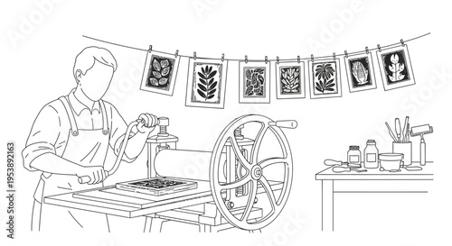 Artist operating a printing press in a studio setting.