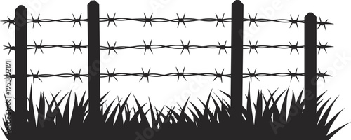 Barbed wire fence silhouette with wooden posts and grass, security boundary concept for farm, prison or restricted area, isolated on white background illustration