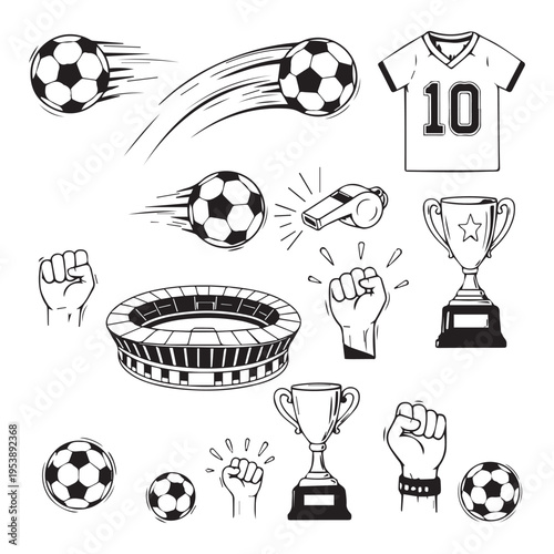 black and white soccer icons including balls, trophies, and fists isolated on transparent background