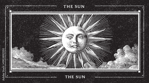 “The Sun” tarot card, tattoo design template, vector illustration.