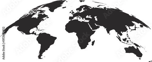 Curved world map silhouette with continents, global earth perspective illustration isolated on white background, international geography design for travel, business, education and infographic use