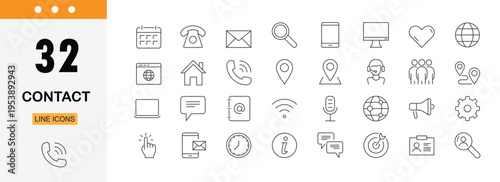 Contact icons set showing phone, email, message, address, communication, support, customer service and connection symbols. Editable Stroke.