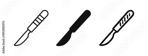 Scalpel surgical knife medical tool icons set. Outline, solid and hand-drawn style vectors.