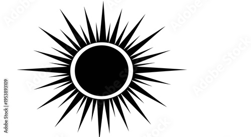 Bold Black Sun Icon with Sharp Spiky Rays, isolated white background.