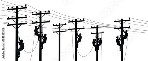 Electrical linemen climbing utility poles repairing power lines, teamwork in maintenance, workers silhouettes on cables infrastructure, energy distribution service isolated on white background