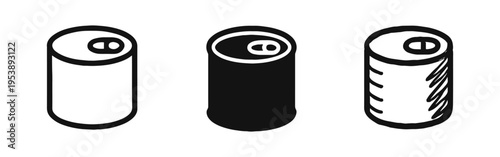 Drink can, soda can, beverage packaging icons set. Outline, solid and hand-drawn style vectors.