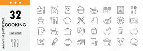 Cooking icons set representing kitchen tools, chef, food preparation, recipe, frying, baking, ingredients and culinary activities. Editable Stroke.