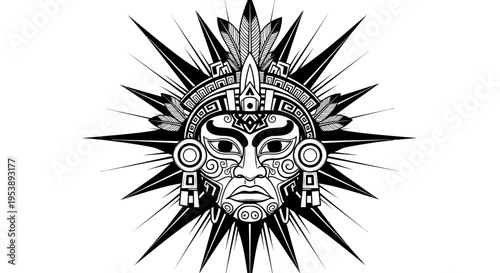 Ancient Aztec Sun God Mask with Intricate Mayan Style Design and Spiky Sunburst, isolated white background