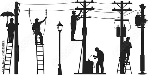 Electrical workers repairing power lines and street lighting, linemen silhouettes with ladders and tools, urban utility maintenance and energy infrastructure service isolated on white background