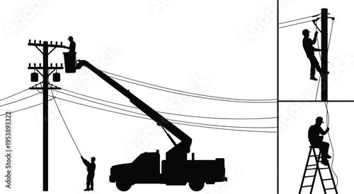 Electrical workers repairing power lines with bucket truck and ladder, linemen silhouettes on utility poles performing maintenance, electricity infrastructure service isolated on white background