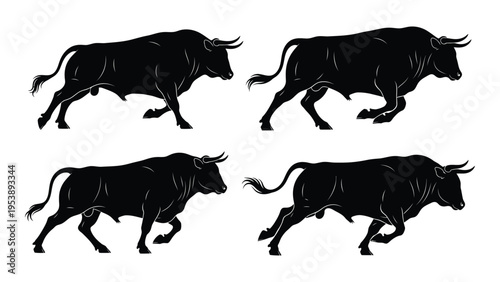 Four black silhouettes of running bulls depicted in various dynamic poses