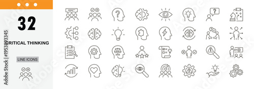 Critical thinking icons set representing problem solving, analysis, logic, decision making, evaluation, strategy, reasoning and smart thinking concepts in clean outline style. Editable Stroke.