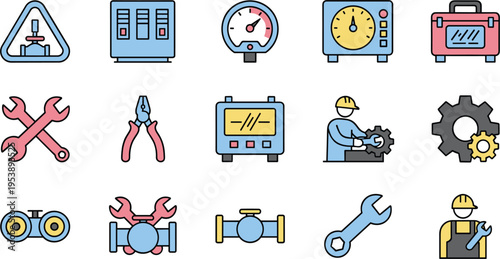 Industrial maintenance and repair icons set tools equipment engineer machinery service symbols flat vector illustration collection isolated on white background