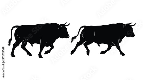 Two black silhouettes of bulls in a dynamic forward moving pose