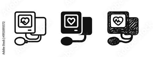 Blood pressure monitor, sphygmomanometer, health device icons set. Outline, solid and hand-drawn style vectors.
