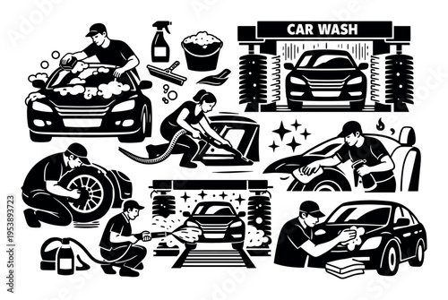 Car wash workers providing comprehensive vehicle cleaning, from manual scrubbing and tire care to interior vacuuming and automatic washes
