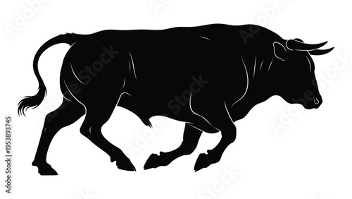 A striking silhouette of a powerful bull in a dynamic charging pose