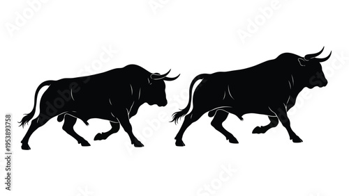 Two powerful bulls depicted in silhouette facing opposite directions with muscular builds