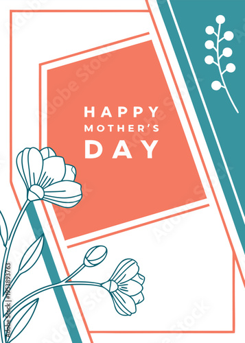 Modern Happy Mothers Day Card Vector Minimalist Design Coral Teal Colors Botanical Illustration
