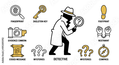 Detective Investigation Icon Set – Fingerprint, Magnifying Glass, Clue and Mystery Elements Vector Illustration